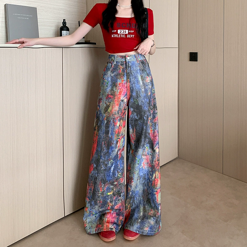 Внешняя торговля 2025, окрашенная цветовая палитра, цветная печать, брызги чернил, масляная живопись, цветные джинсы, женские новые прочные крутые широкие брюки, тренд