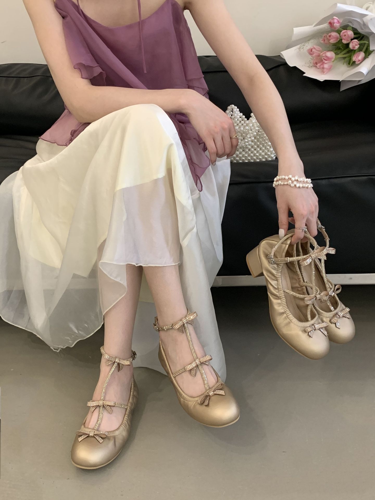 Tax-Free Rhinestone Bowknot Chunky Heel Ballet Flats for Women, 2025 New French Style Chunky Heel Mary Jane Shoes, Elegant