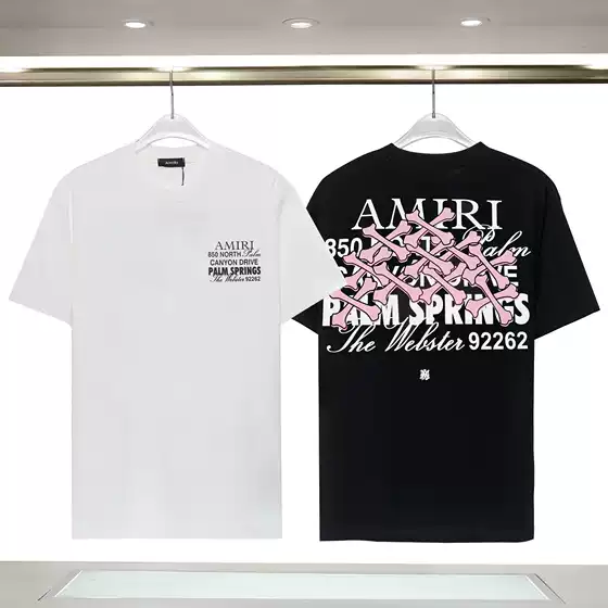 In Stock Wholesale AMIRI Pink Bones Digital Print T-Shirt Unisex Pure Cotton Double Yarn Heavyweight Short Sleeve