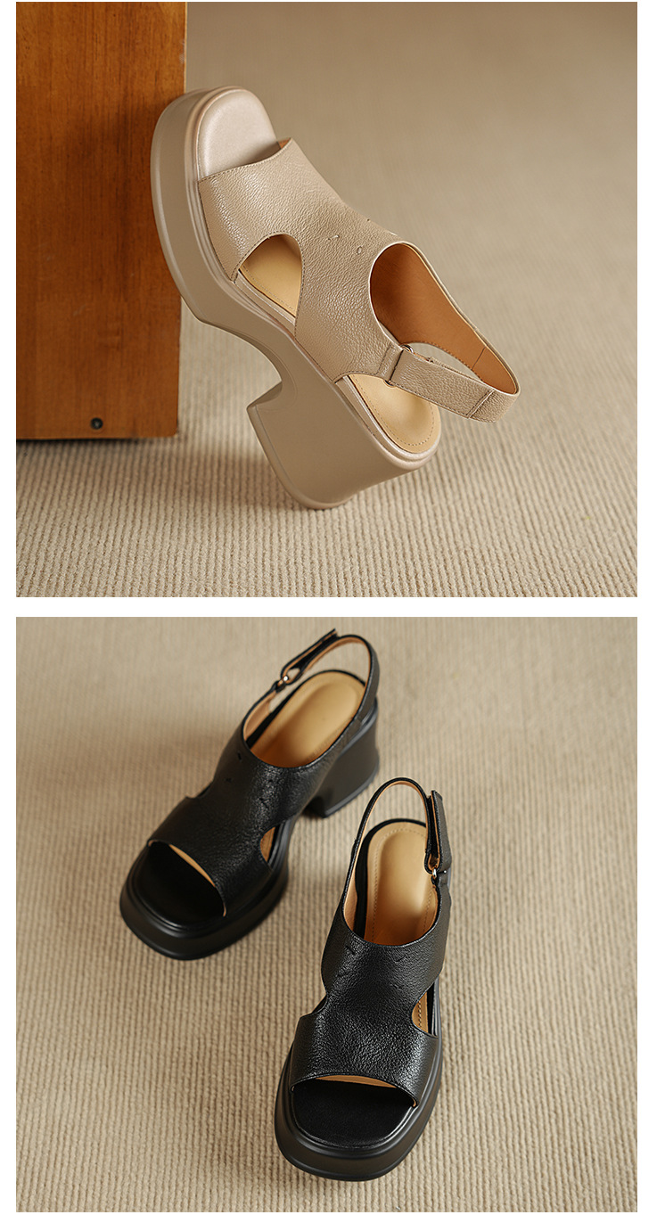 Sandal nữ đế dày gót vuông quai ngang khóa một dây phong cách La Mã — đen chi tiết 10
