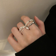 不规则链条珍珠戒指女韩版ins小众设计S925银开口指环法式食指戒