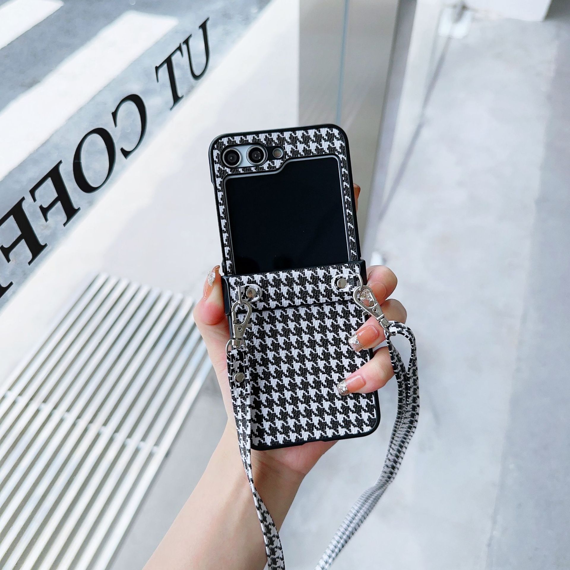 Fashion check for Samsung Galaxy Z Flip3/4/5 folding phone case ZFlip6 solid color diagonal rope_voghion.com