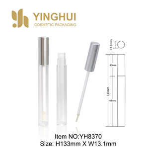 Round Lip Gloss Tube with Injection-Molded Silver Cap, Frosted Transparent Bottle with Injection Molding, Standard Brush Head, Makeup Packaging Material