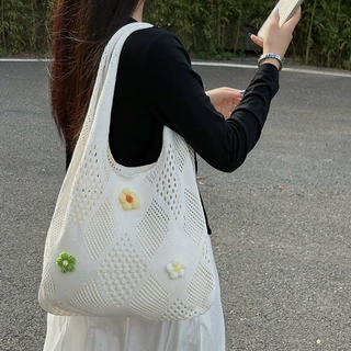 新款高级编织海边沙滩针织包女大容量百搭纯色包包通勤单肩花朵包