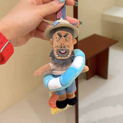 Pluş açarlıqlar: Toy Doll Bag Pendant - grandpa-cow-with-straw-hat-and-blue-swim-ring-pendant