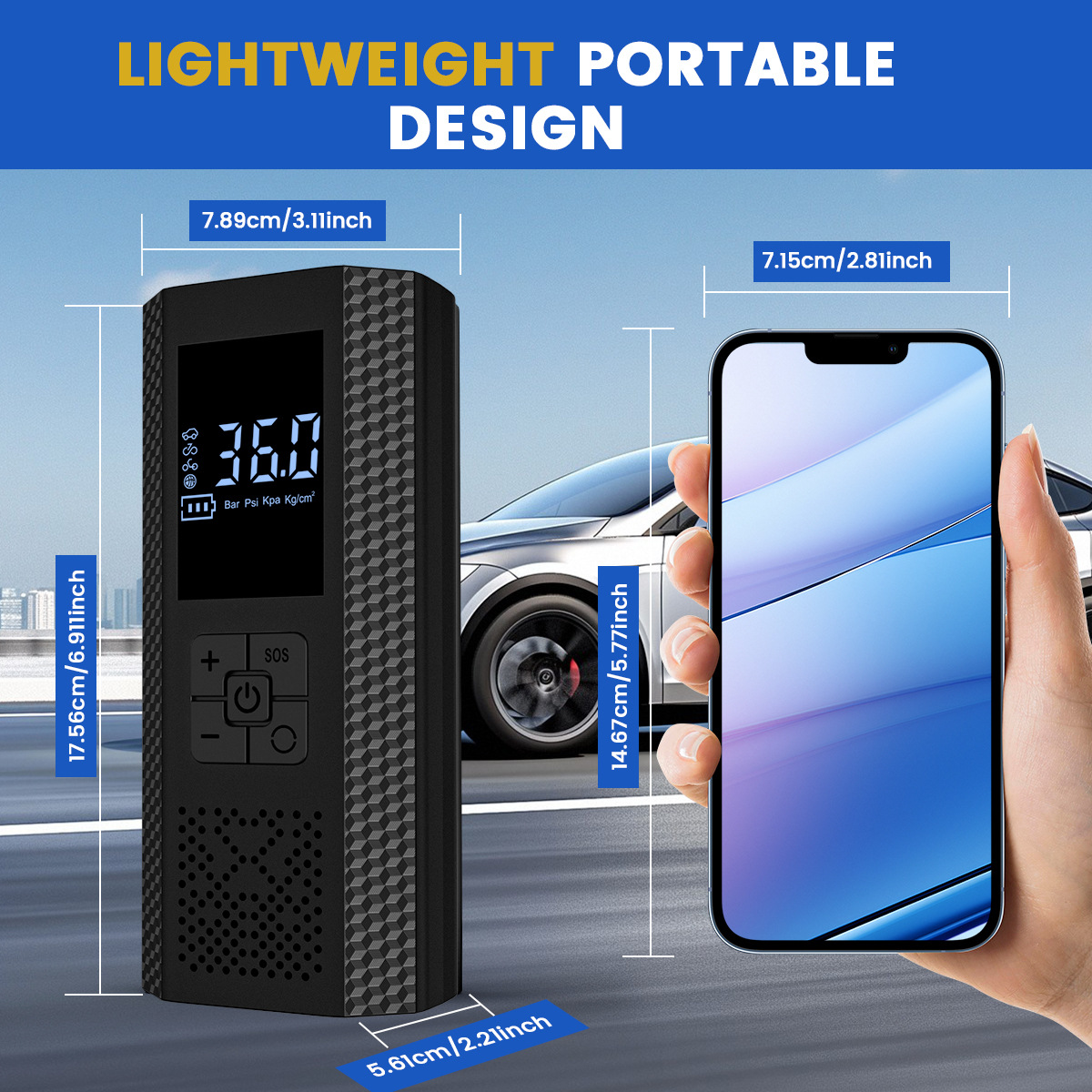 Black portable car air pump with digital display, preset tire pressure inflator, outdoor rescue emergency jump starter inflator
