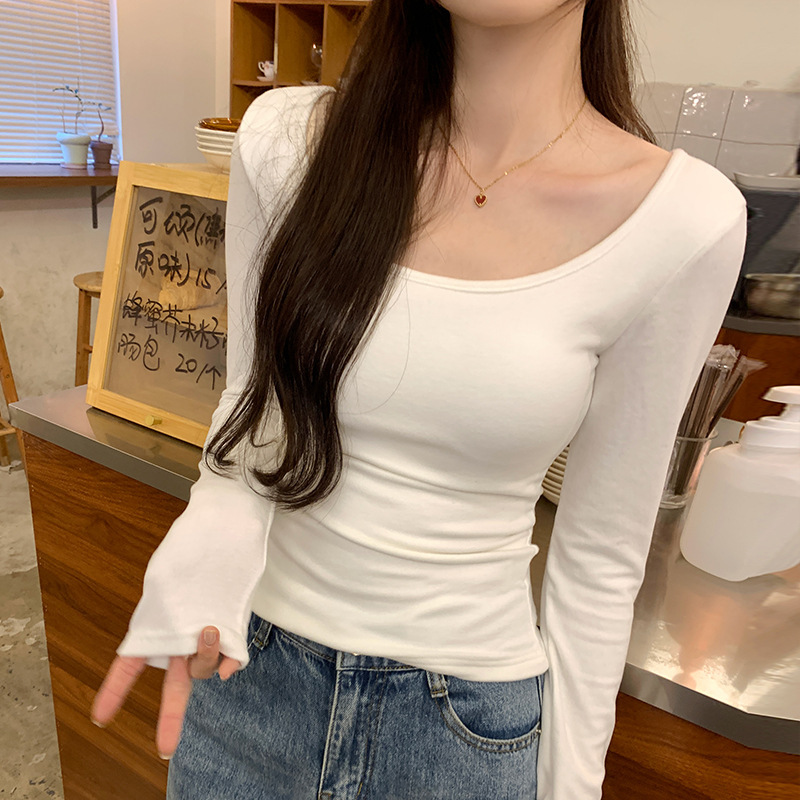 带胸垫修身打底衫女春秋内搭新款方领长袖高级感低领白色t恤上衣|undefined