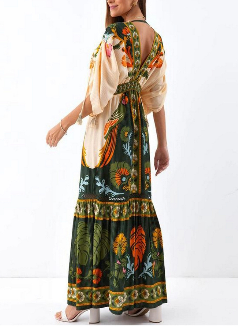 Swing Dress Dresses Type Batwing Sleeve Sleeve Type Wholesale Women's Casual Vintage Style Ethnic Style Leaves Daily V Neck Short Sleeve Swing Dress