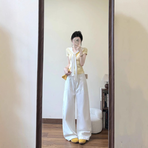 Pure Desire Gentle Yellow Two-Piece Straps Short-Sleeve T-Shirt for Women - Summer New Arrival - Straight Shoulder Slim Fit Slimming Short-Sleeve Top