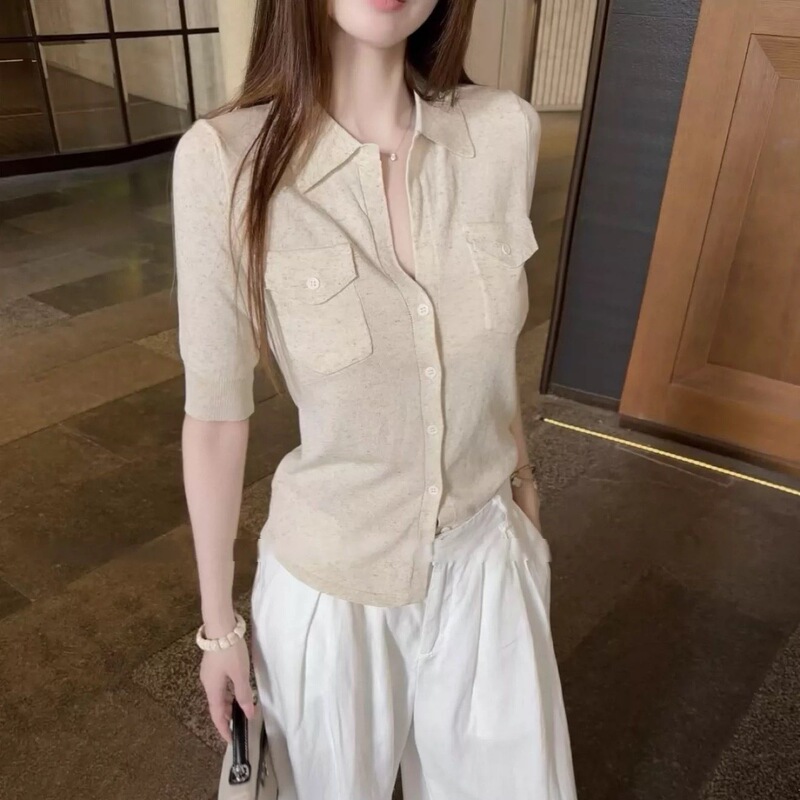 Old Money Style Navy Blue Linen Short-Sleeved Shirt for Women, Summer Versatile Waist-Cinching Slim-Fit Elegant Workwear Top