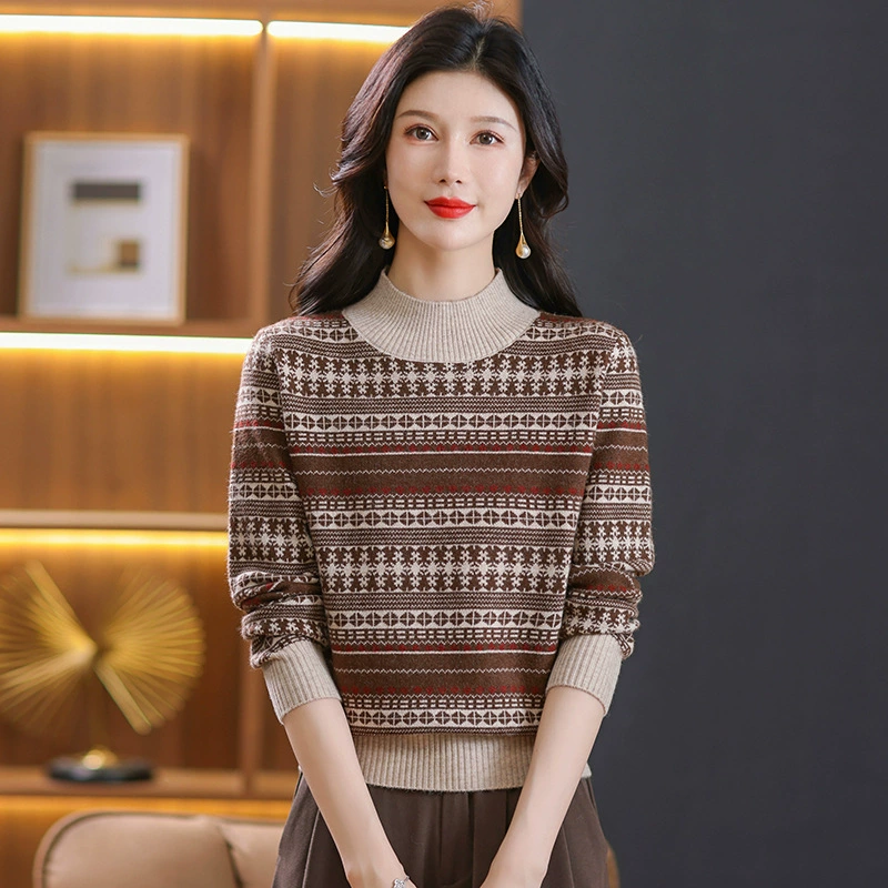 Мама жаккардовый свитер осень и зима половина водолазки нижняя рубашка Модный Западный стиль Новая утолщенная внутренняя одежда среднего возраста плюс размер свитер