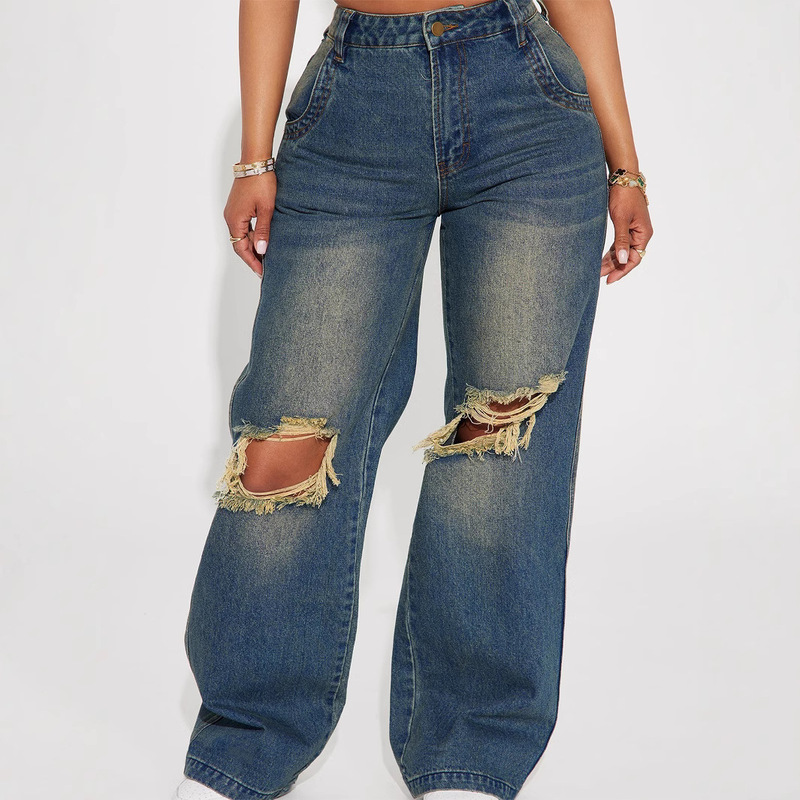 Y2K Style Women's Retro Heavy-Duty Washed Knee Holes Wide-Leg Wide-Leg Denim Pants