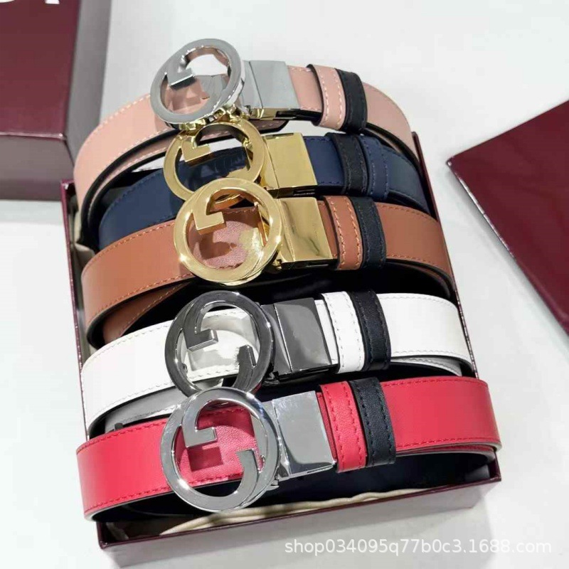 新款G家金属圆圈扣真皮腰带女字母扣双面皮带配西装腰封字母经典