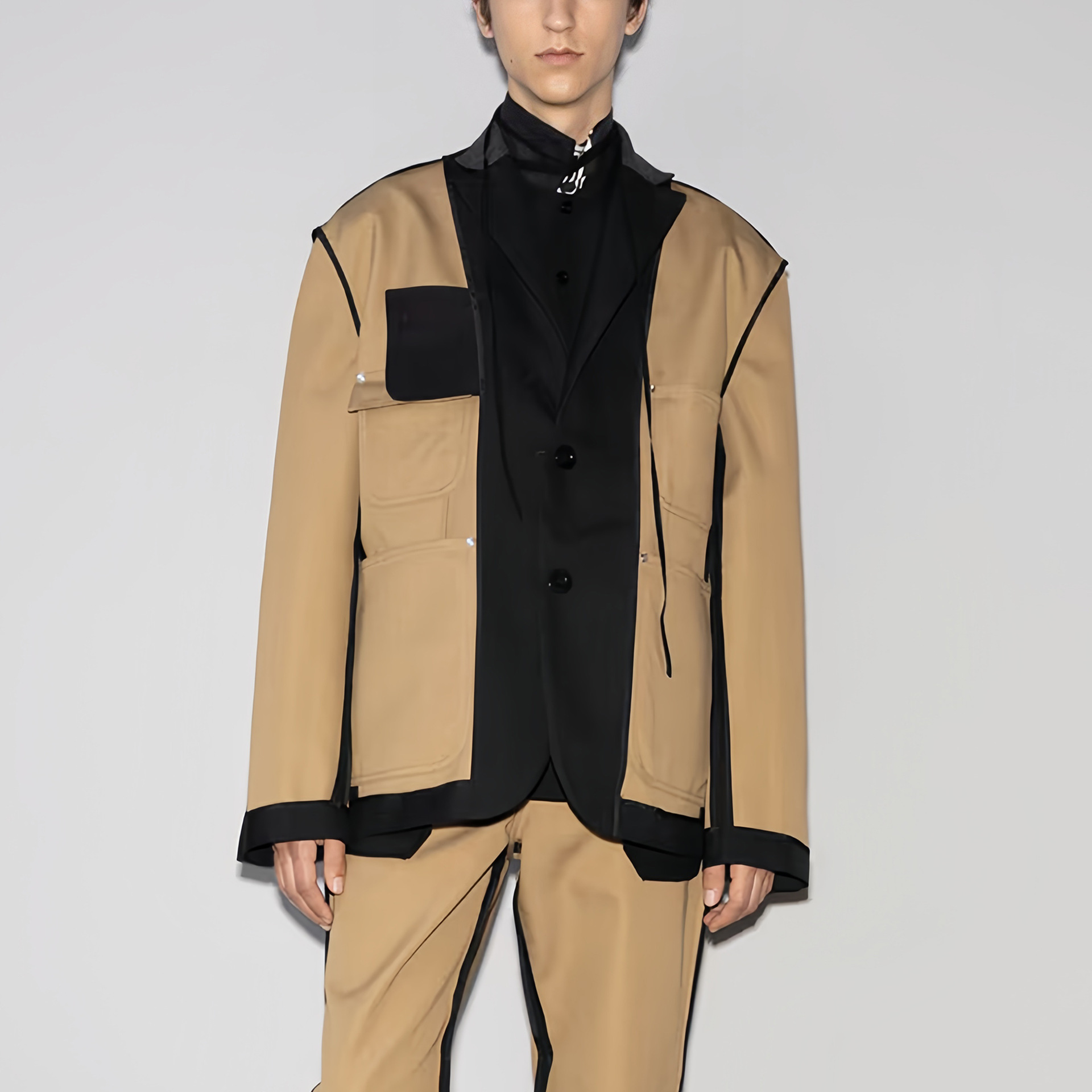 British Style High-End Jacket 2026 Spring New Model with Patchwork Large Pocket Design V-Neck Color-Blocking Suit Trend