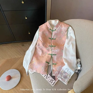 跨境宽松大码胖mm300斤新中式国风提花盘扣缎面马甲女春衬衫套装