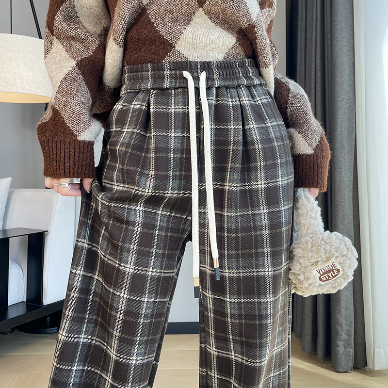 【2819】新款秋冬格子女裤宽松休闲显瘦百搭直筒抽绳复古格纹裤子