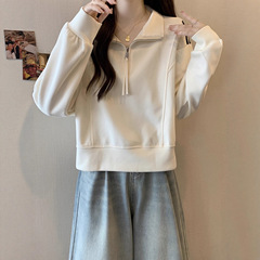 大码半拉链polo领卫衣女秋季2025新款胖mm宽松设计感撞色短款上衣