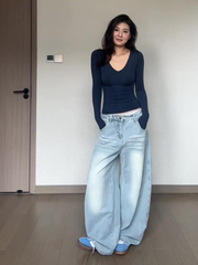美式复古弯刀牛仔裤女秋季2025新款低腰宽松直筒阔腿拖地镰刀裤子