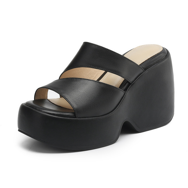 Dép sandal nữ đế xuồng một dây phong cách châu Âu, gót cao 7 cm — đen