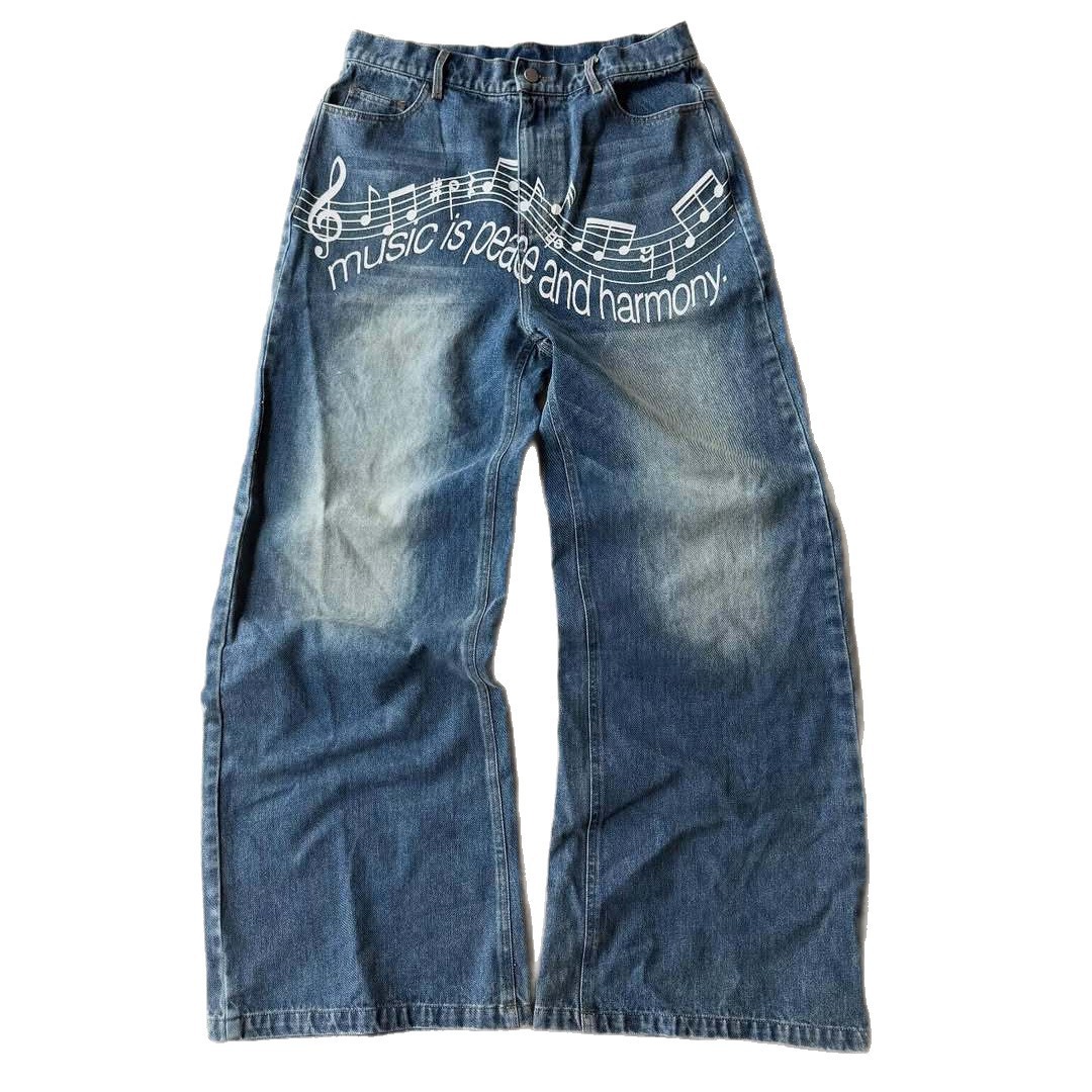 Cross-border American Retro Letter Print For Women, Washed Loose Straight-leg Jeans, Baggy Jeans_ecoleips.com