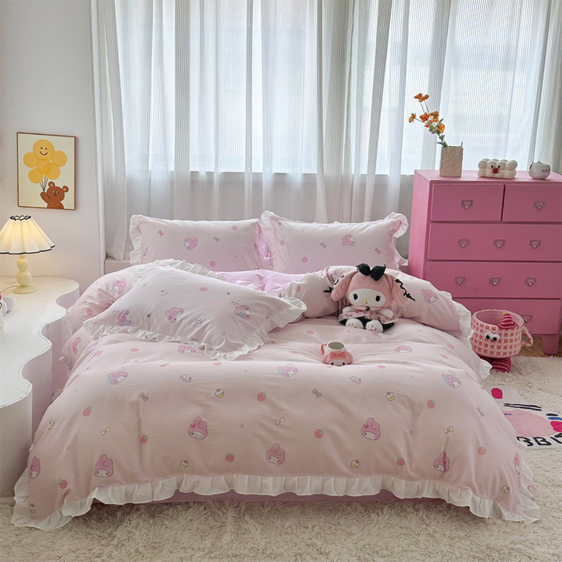 三丽鸥纯棉花边款四件套全棉公主风卡通HelloKitty床单被套床裙款|undefined
