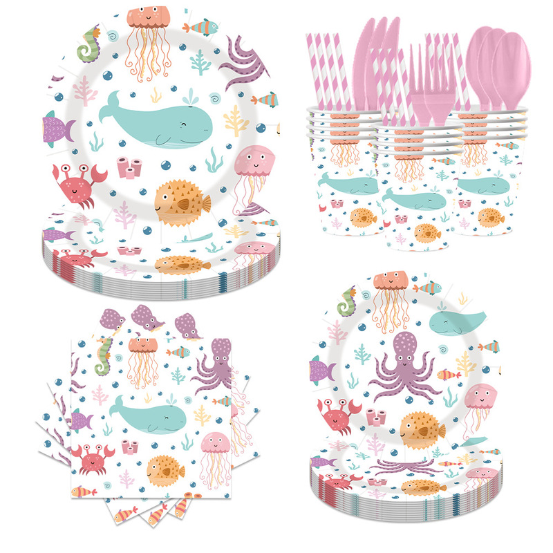 Cross-Border Ocean Theme Birthday Party Supplies Party Decoration Round Paper Plate Tissue Paper Cup Tableware Set Wholesale