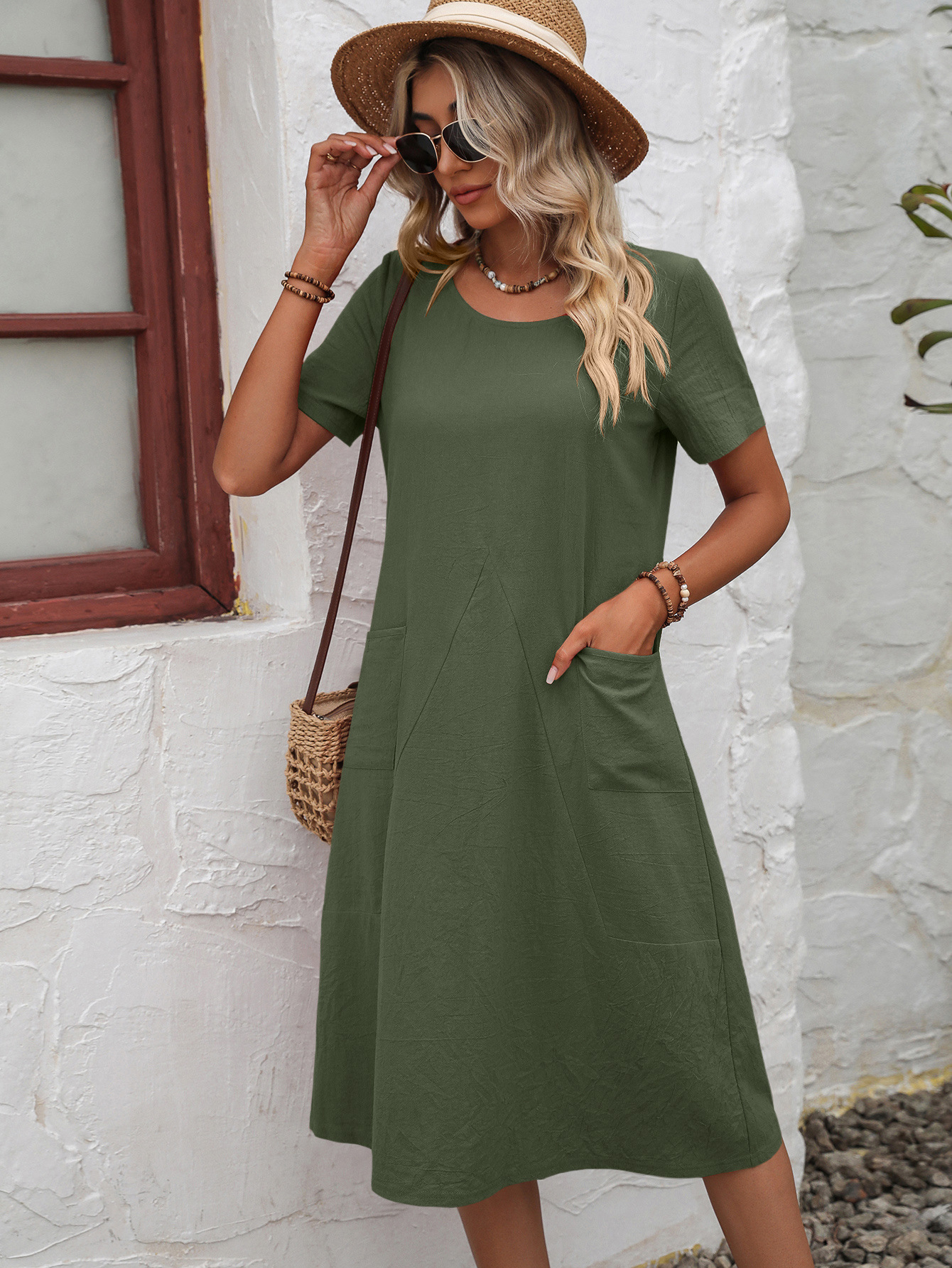 Summer Cotton Linen Solid Color Loose Round Neck Short Sleeve Dress