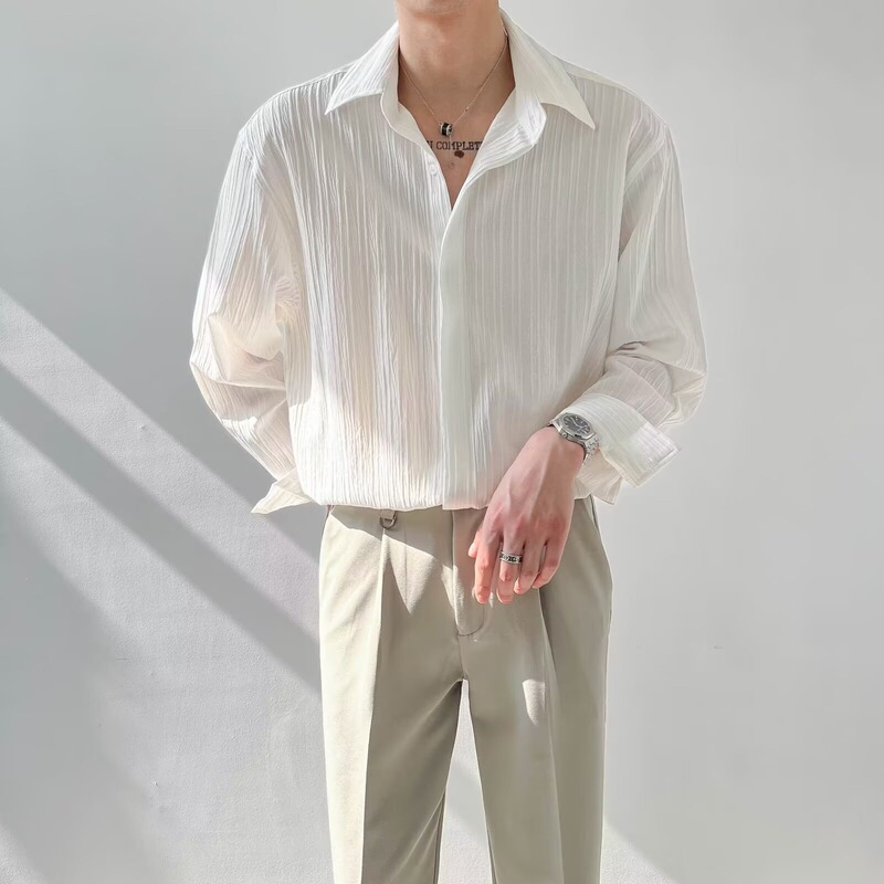 Solid color textured collared shirt for men, new autumn trendy Hong Kong style, youthful and stylish, loose casual long-sleeved shirt