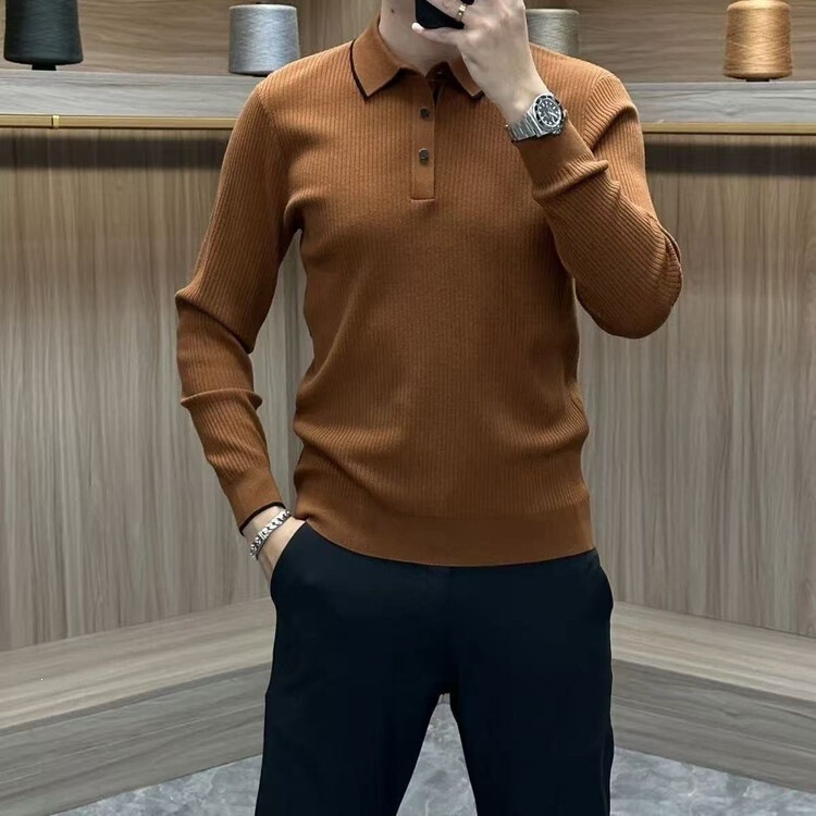 Men's mid-thick, long-sleeved, knitted sweater with a lapel collar, perfect for autumn and winter, a versatile and trendy basic layering piece Men's mid-thick, long-sleeved, knitted sweater with a lapel collar, perfect for autumn and winter, a versatile and trendy basic layering piece