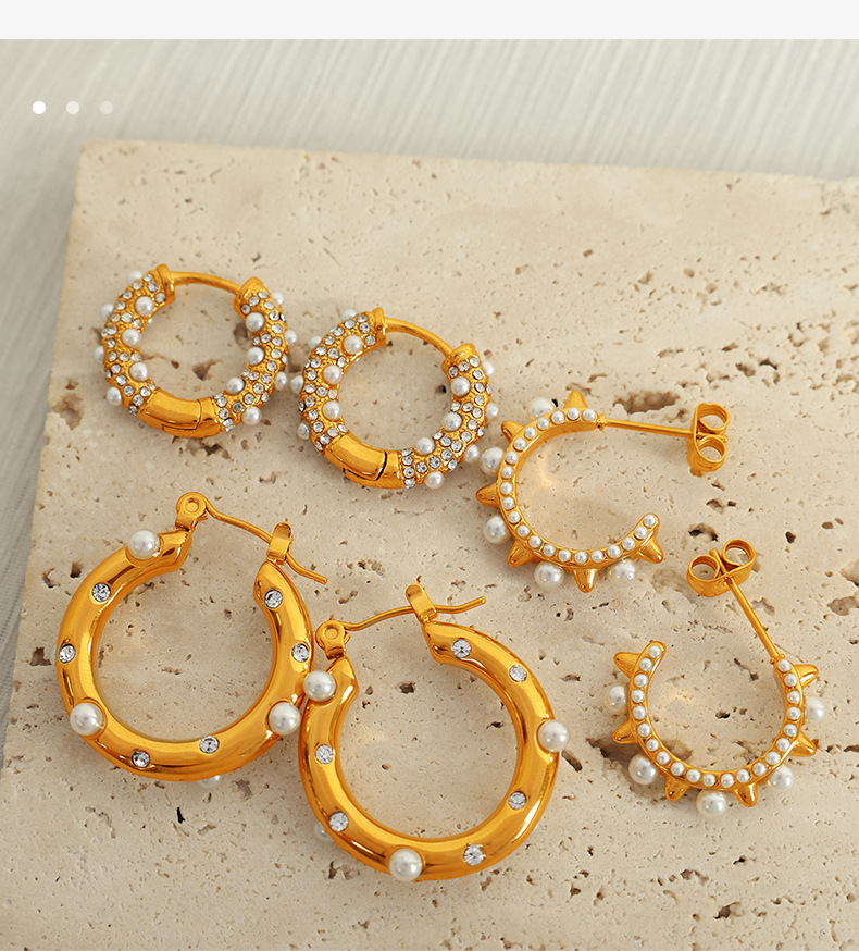 Earrings Classification 1 Pair Quantity PVD Coated Real Gold Plated C Shape Imitation Pearl Titanium Steel Simple Style Waterproof Non Tarnish Earrings