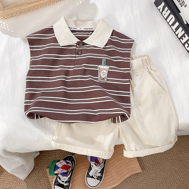 男児スーツ2024夏の新しい子供服洋風夏服赤ちゃんストライプスーツベスト子供2点セット潮