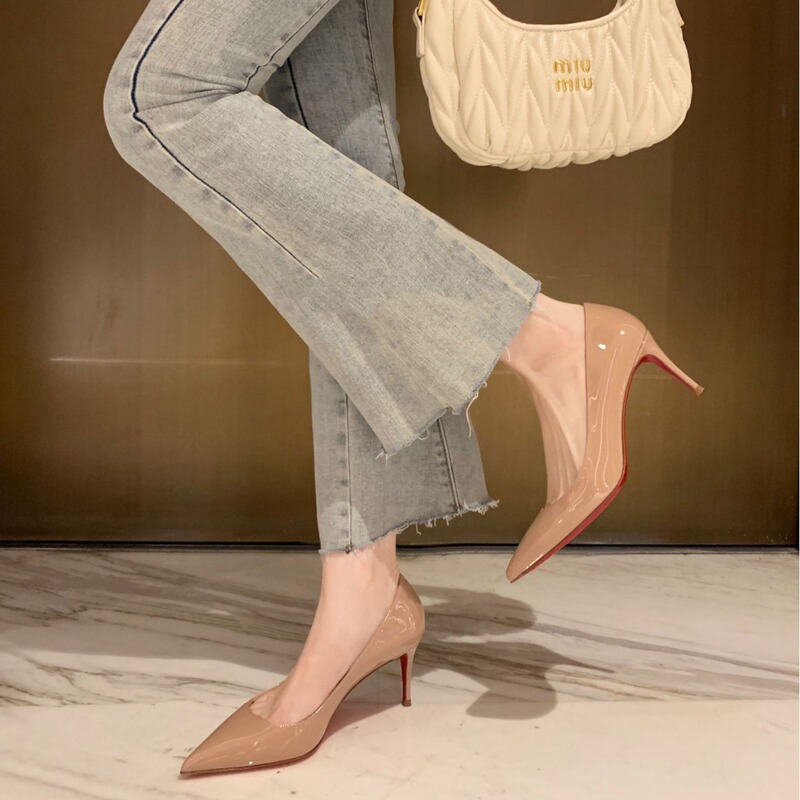 Strict selection of sheepskin version ~ grape mom with pointed Joker shallow high heels stiletto heel red bottom commuter shoes women