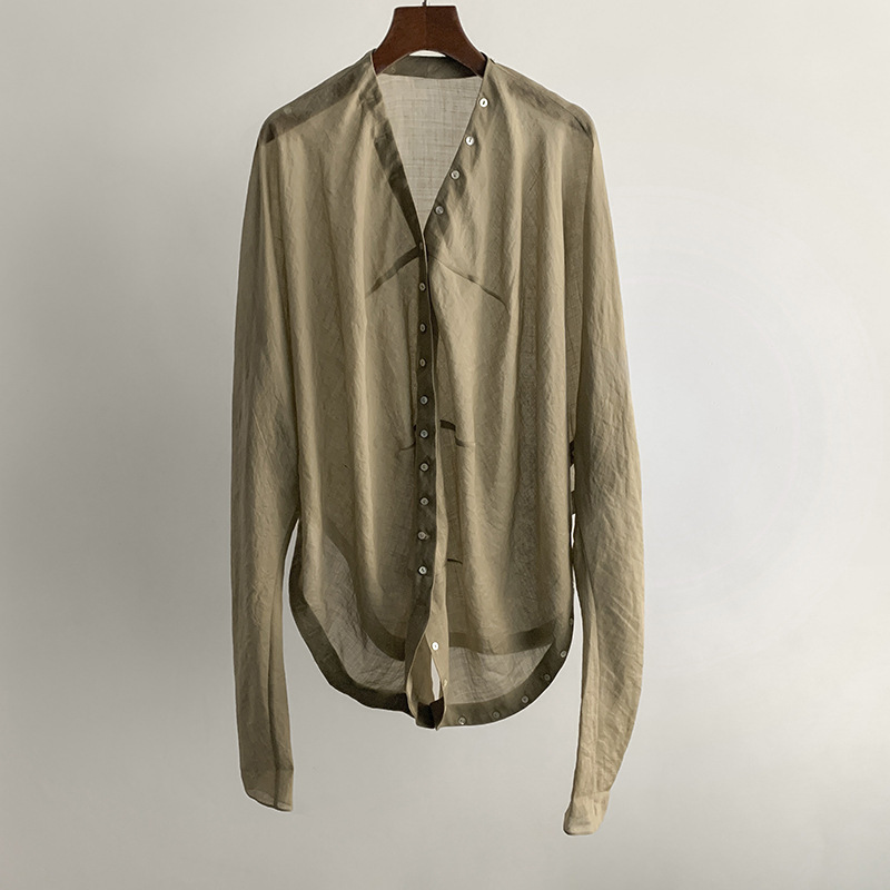 Cross-Buckle Drop Shoulder Draping Thin Ramie Top Designer Lazy V-Neck Loose Mid-Length Shirt Skirt