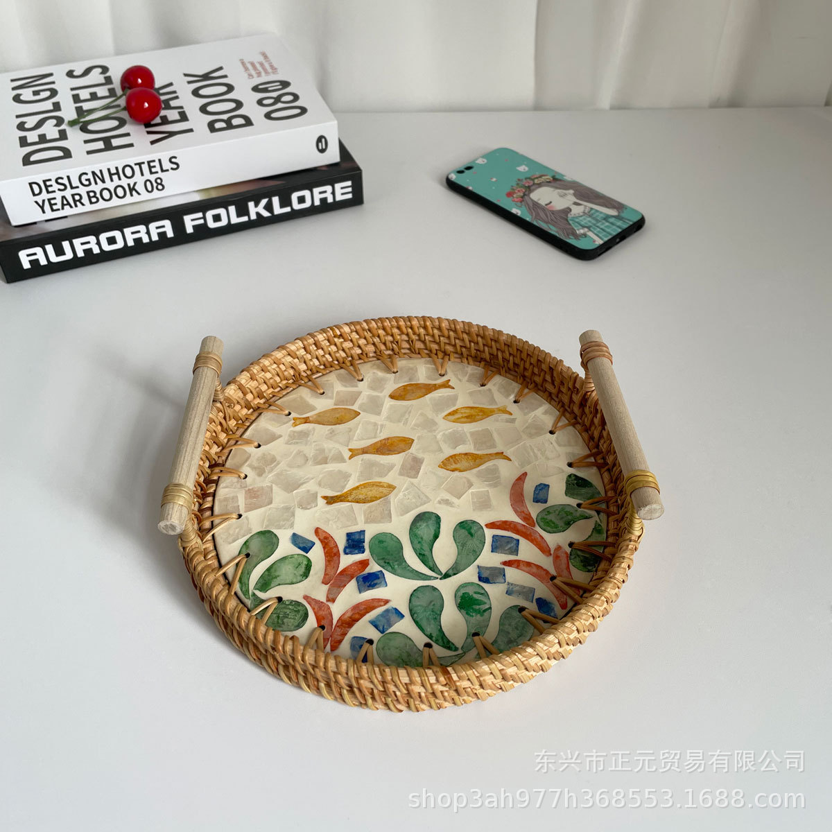 Vietnam ratán tejido Shell bandeja color Shell tejido merienda cesta de almacenamiento merienda bandeja fruta pan té bandeja