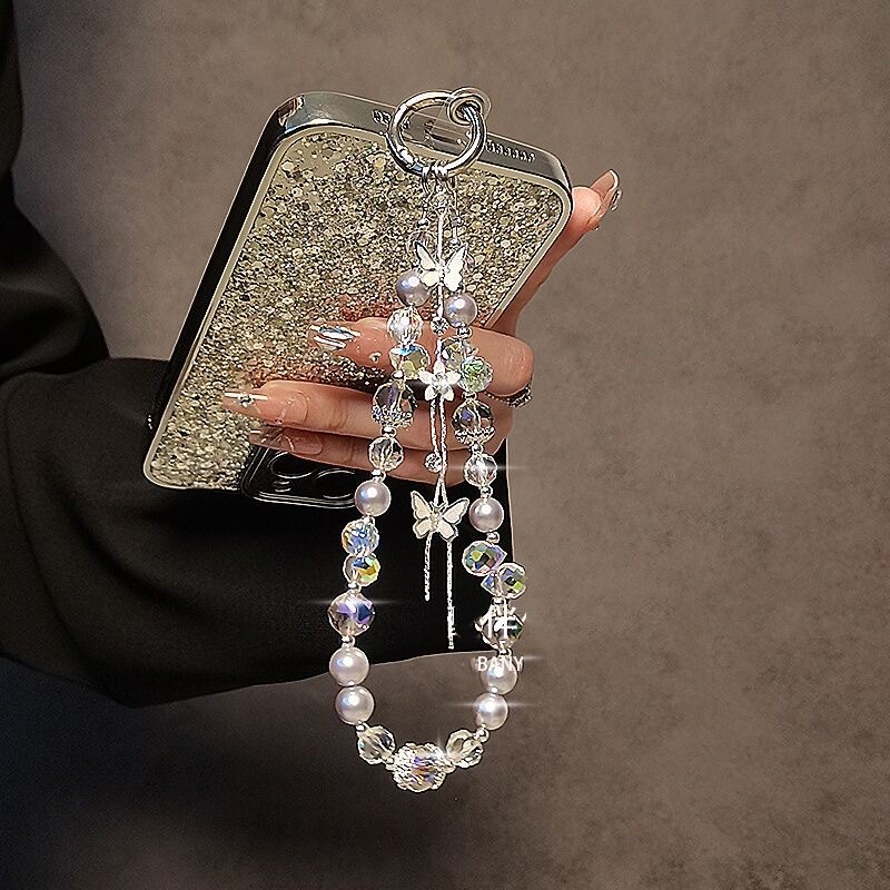 Light Luxury High-grade Butterfly Tassel Colorful Crystal Mobile Phone Chain Portable Wrist Lanyard Mobile Phone Keychain Bag Pendant