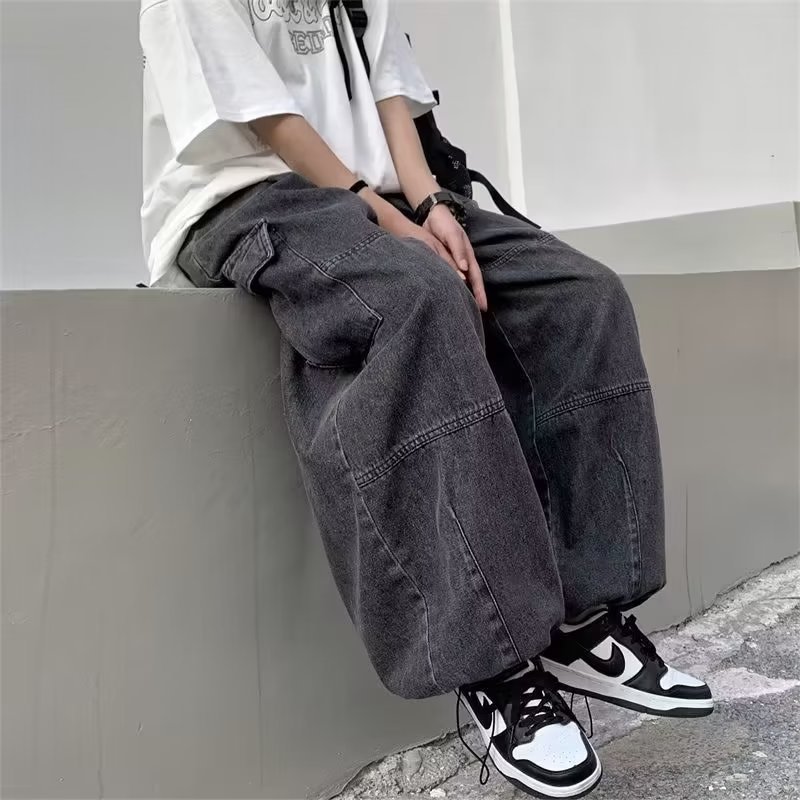 春秋ins美式高街黄泥染重工水洗做旧直筒牛仔裤男女宽松百搭长裤