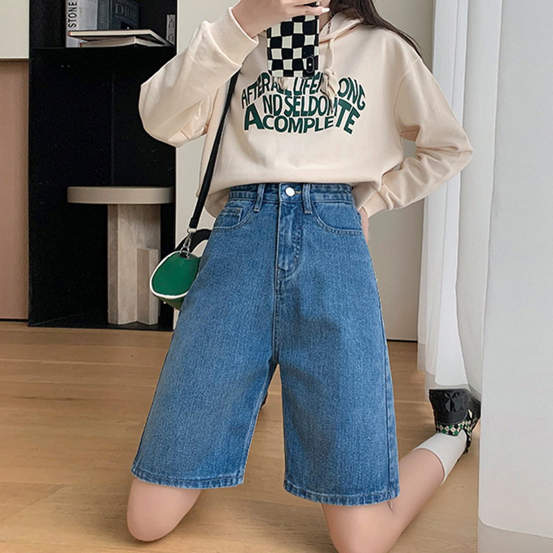 High Waist Five-point Denim Shorts Women's Summer Thin Loose Slimming Wide-leg Riding Pants Straight Casual Mid-length Pants for Women High Waist Five-point Denim Shorts Women's Summer Thin Loose Slimming Wide-leg Riding Pants Straight Casual Mid-length Pants for Women