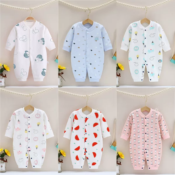 Baby Jumpsuit combed cotton men and women Baby long-sleeved romper spring and autumn printed one-piece pajamas factory direct sales