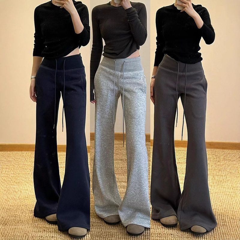 Grey Micro Horn Sweatpants Women's Spring and Autumn High Waist Slimming Loose Strap Drawstring Sports Casual Straight Wide Leg Pants