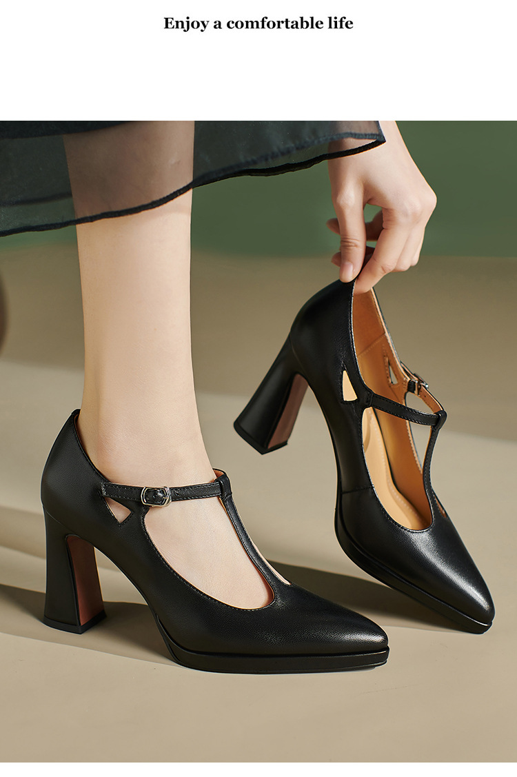 Giày cao gót Mary Jane da cừu quai chữ T gót thô miệng nông — Màu đen chi tiết 9