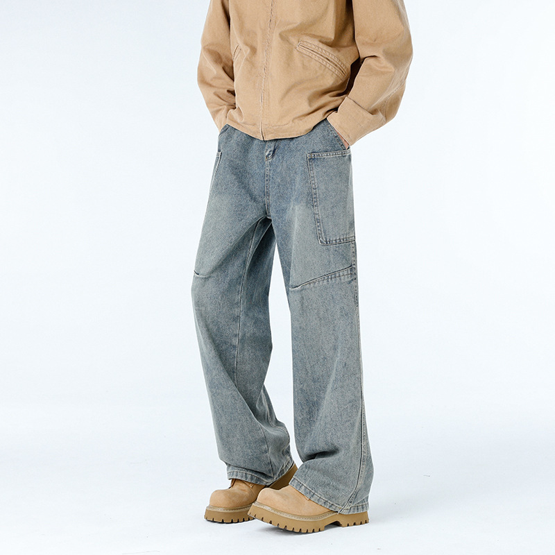 Cross-Border American Washed Scimitar Workwear Jeans for Men in Spring and Autumn Trendy Brand Splicing Loose High Street Straight Wide-Leg Pants