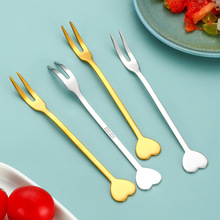 批发304不锈钢水果叉创意心形蛋糕叉西式甜品金色二齿叉月饼叉子