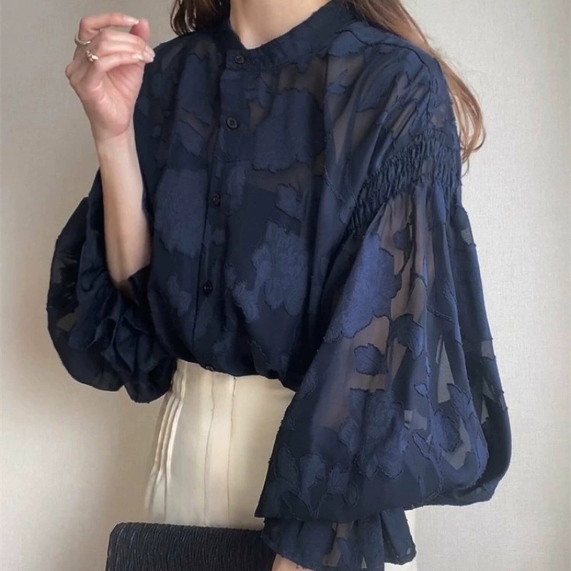 韩版日系跨境立领甜美单排扣两面穿宽松透视长袖衬衫空调衫防晒衣