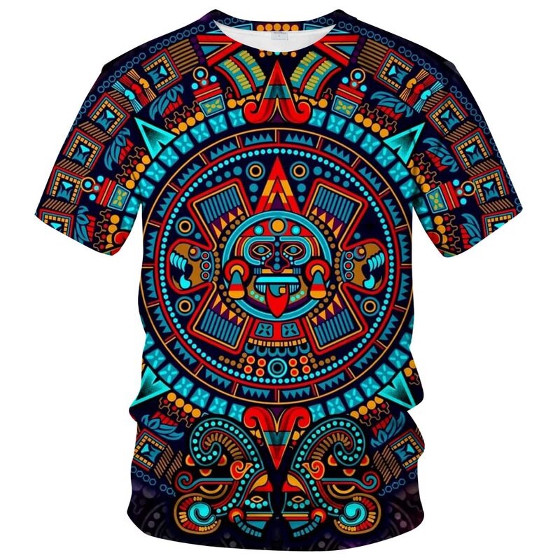 Men's Mexican T-shirt summer short-sleeved T-shirt top Maya culture theme shirt realistic pattern shirt