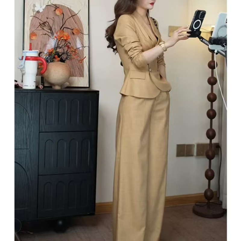 GraceChic Elegant Women's Outfit 2025 New Spring Fashion Wide-Leg Pants Two-Piece Long Sleeve Blazer Set_voghion.com