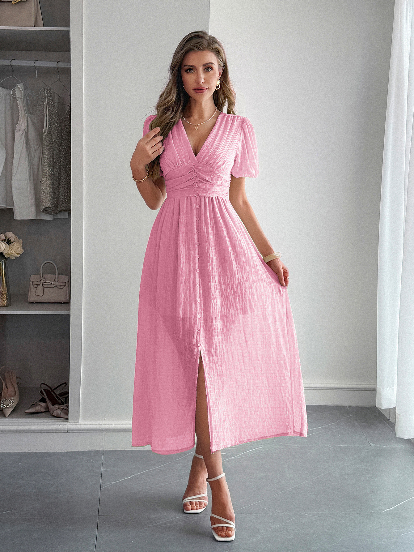 327g Weight Midi Dress Dress Length Type Short Sleeve Sleeve Length Sheath Dress Dresses Type Polyester Fabric Type Mid Waist Waist Line Casual, Daily Occasion V Neck Neckline Slim Fit Type Solid Color Pattern Summer Season Women's Gender Vacation Style Wholesale Women's Vacation Solid Color Casual Daily V Neck Short Sleeve Sheath Dress 无