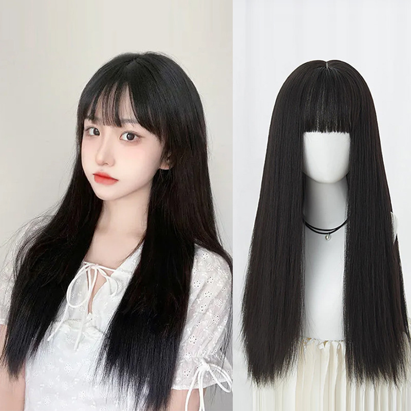Upgraded Air Bangs Black Long Straight Hair Wig Headgear Black Whole Wig Imitation Real Hair Natural and Lifelike