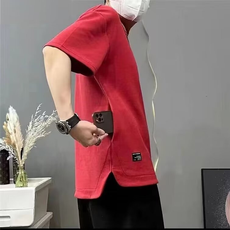 Men's Clothing Hidden pocket heavy waffle men's short sleeved round neck summer solid color loose large size T shirt cool and breathable_voghion.com