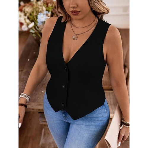 Solid Color V-neck Vest Casual Basic Fitted Sleeves