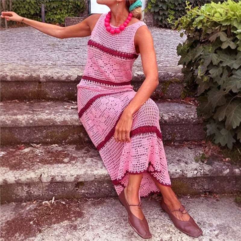 Foreign Trade Cross-Border European and American Amazon Source Manufacturer Knitted Sweater Contrasting Color Vest Cut Out Dress Spring and Summer Factory Foreign Trade Cross-Border European and American Amazon Source Manufacturer Knitted Sweater Contrasting Color Vest Cut Out Dress Spring and Summer Factory